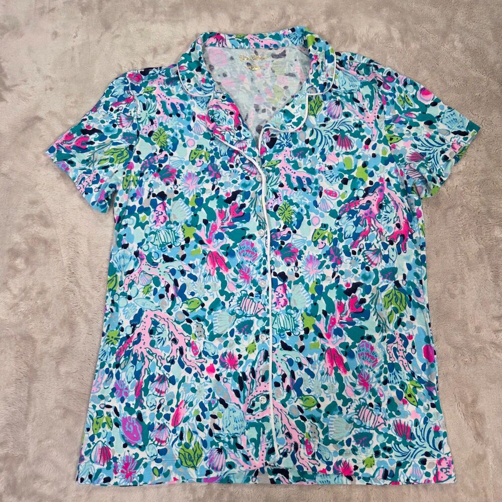 Lilly Pulitzer Pajama Top Women’s Small Tropical Print Button Front Sleepwear